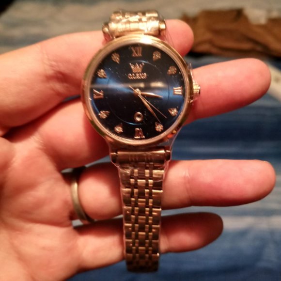 Women Rose Gold Stainless Steel Band Blue Dial Quartz Small Face Watch main image 8